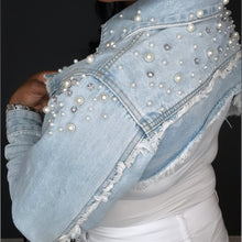 Load image into Gallery viewer, Diamonds &amp; Pearls Cropped Denim Jacket